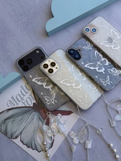 قاب Ice Butterfly آیفون با آویز | قاب شفاف پروانه‌ای دخترانه و فانتزی