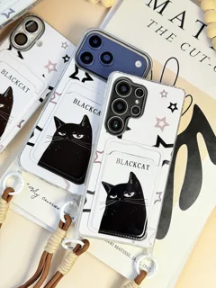 قاب گوشی Black Cat جاکارتی دار سامسونگ | کاور سفید فانتزی با بند دو قلاب