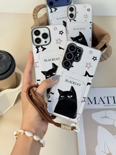 قاب گوشی Black Cat جاکارتی دار سامسونگ | کاور سفید فانتزی با بند دو قلاب