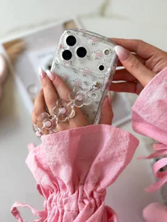 قاب گوشی شفاف گل صورتی با بند دستی آیفون