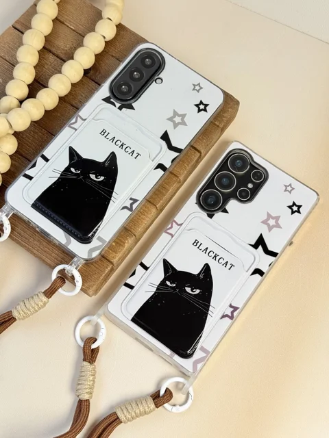 قاب گوشی Black Cat جاکارتی دار سامسونگ | کاور سفید فانتزی با بند دو قلاب