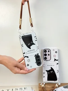 قاب گوشی Black Cat جاکارتی دار سامسونگ | کاور سفید فانتزی با بند دو قلاب